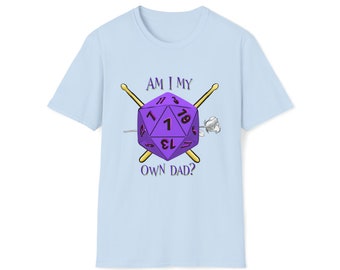 May include: Light blue t-shirt with a purple 20-sided die, crossed drumsticks, and a white rose. The text on the shirt reads "Am I My Own Dad?"