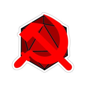 May include: A red hammer and sickle symbol superimposed over a black and red 20-sided die.
