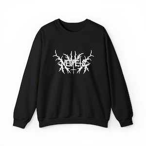 May include: Black sweatshirt with a white graphic of the word "NEPENTHES" in a stylized metal font.