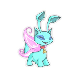 May include: A cartoon illustration of a blue and pink fairy cat with large eyes, a red collar with a gold letter A charm, and pink butterfly wings.