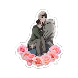 May include: A sticker featuring a romantic illustration of two men embracing, surrounded by pink roses.