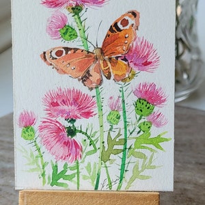 Original watercolor signed ACEO art card, collectible painting, floral miniature artwork, summer, Thistle, butterfly cheerful home decor,