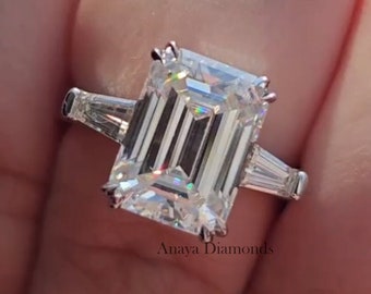 Emerald Cut Three Stone Ring, 3.5 CT Emerald Cut Colorless Moissanite Engagement Ring, Side Tapered Baguette Cut Proposal Anniversary Gift