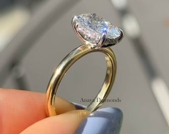 Anello di fidanzamento con moissanite a taglio ovale da 2,50 CT Anello di fidanzamento ovale con ghiaccio tritato 10x7, Anello con alone nascosto con diamanti Anello per proposta di nozze in oro massiccio