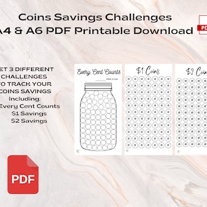 Every Cent Counts, 1 and 2 Dollars Savings Challenges - A6 + A4 Printable PDF Download