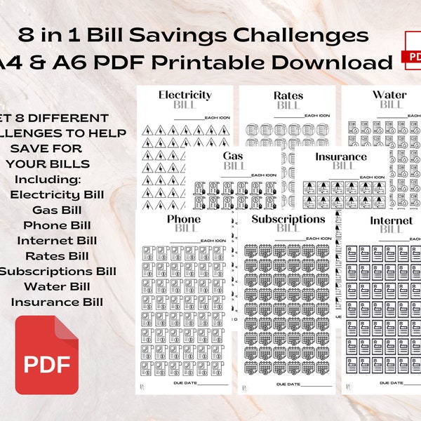 8in1 Bills Savings Challenges Pack | Electric, Gas, Water, Rates, Insurance, Phone, Internet, Subscriptions - A4 & A6 PDF Printable Download