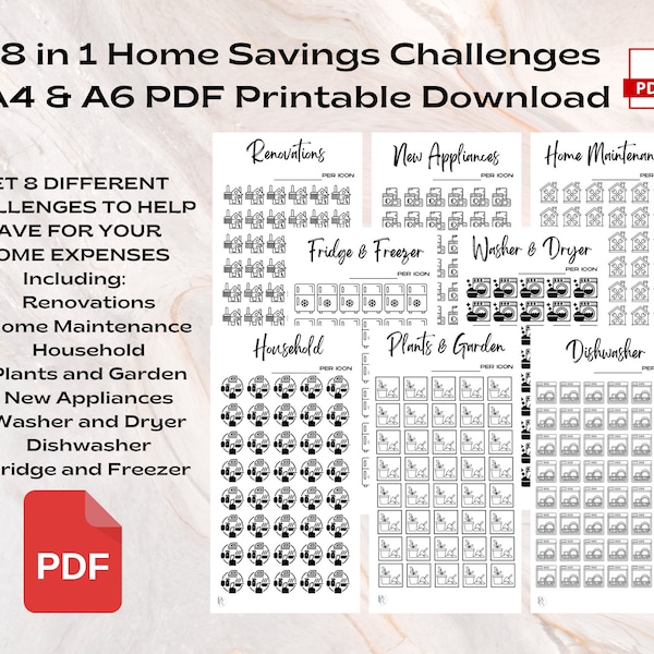 8in1 Home Savings Challenges Pack | Renovations; Home Maintenance; Household; New Appliances; Plants/Garden - A4 & A6 PDF Printable Download
