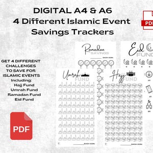 May include: Digital printable A4 and A6 Islamic event savings trackers. Includes four different challenges to save for Hajj, Umrah, Ramadan, and Eid. Each tracker features a unique design with icons and a space to track progress.