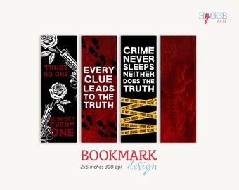 May include: Four bookmarks with a crime theme. The bookmarks are 2 inches by 6 inches and feature different crime-related quotes. The quotes are "Trust No One", "Every Clue Leads to the Truth", "Crime Never Sleeps Neither Does the Truth", and a red background with yellow crime scene tape.