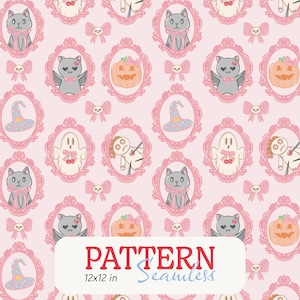 Halloween Pink Kokette Musterdesign, Halloween Porträts Nahtlose Muster-Datei, Gespenstische Gruselige Digitale Datei, Digitales Papier