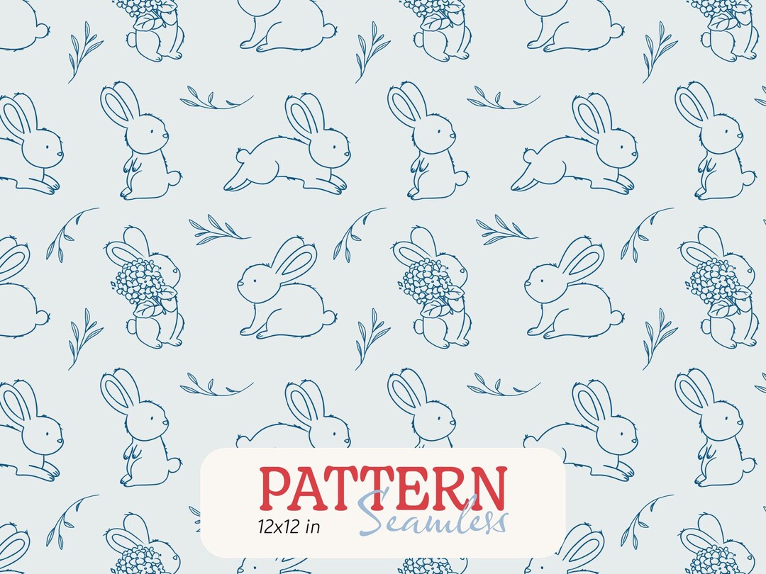 Blue Easter Bunny Seamless Pattern PNG, Pastel Eggs and Flowers, Spring ...