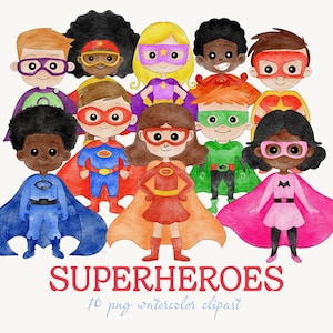 Kids Superhero Clipart - Superheroes Clipart, Superhero Boys and Girls, 10 PNG Watercolor, Commercial Use, Superhero Party