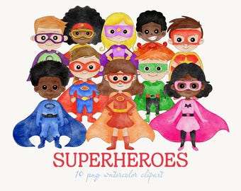Superhero Clipart: Watercolor Boys and Girls PNG (Commercial Use)
