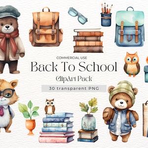 Paquete de acuarela de imágenes prediseñadas escolares PNG, ideal para planificadores, papelería e invitaciones, gráficos para niños, uso comercial