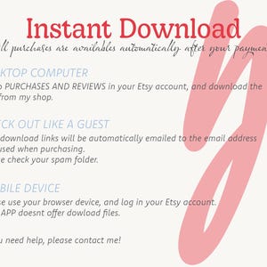 May include: Pink graphic with the text "Instant Download" and instructions on how to download digital files from Etsy after purchase. The text includes instructions for desktop computers, checking out as a guest, and mobile devices.