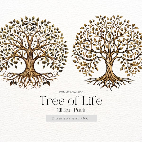 Tree of Life Clipart Gold - Instant Download 2 PNGs with Transparent Background, Celtic Tree of Life logo, Personal and Commercial Use