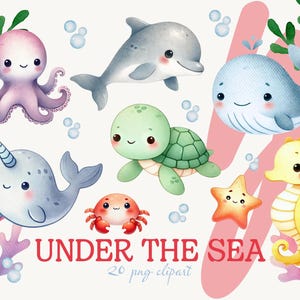 Onderzeese aquarel clipart - schattige oceaandieren PNG, decor kinderkamer, baby kunst aan de muur, octopus, kwallen, walvis, babyshower, eerste verjaardag