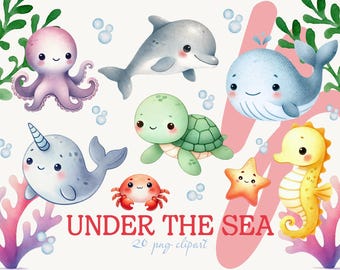 May include: A set of 20 watercolor clipart images featuring cute cartoon sea creatures, including a dolphin, whale, octopus, turtle, narwhal, seahorse, starfish, and crab. The images are perfect for creating invitations, cards, and other crafts.