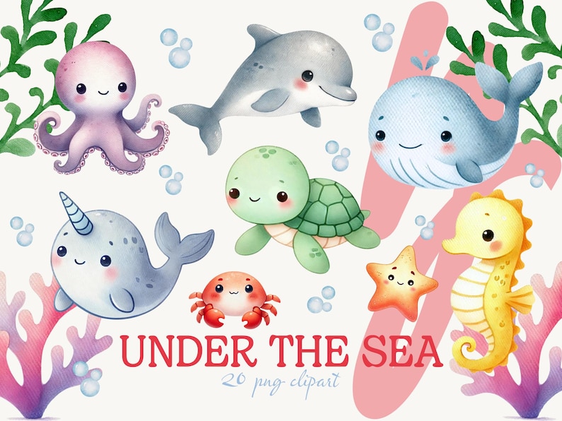 May include: A set of 20 watercolor clipart images featuring cute cartoon sea creatures, including a dolphin, whale, octopus, turtle, narwhal, seahorse, starfish, and crab. The images are perfect for creating invitations, cards, and other crafts.