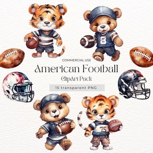Clipart aquarelle football américain - 15 images PNG avec fond transparent, graphiques de sport, ours en peluche design sublimation, usage Commercial