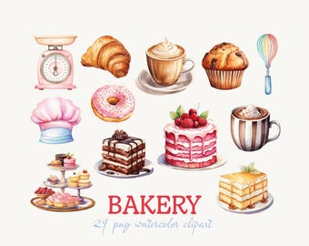 Watercolor Bakery Clipart Bundle – Dessert PNG Designs (Digital Download)