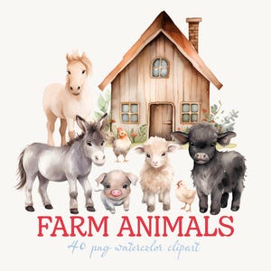 Animais de fazenda aquarela clipart - festa de aniversário com tema de fazenda, clipart de país, 40 PNG com fundos transparentes, download instantâneo