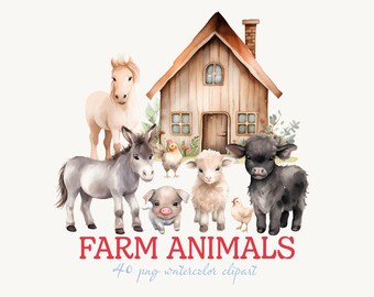 Watercolor Farm Animals Clipart – 40 PNGs, Transparent Backgrounds (Digital Download)