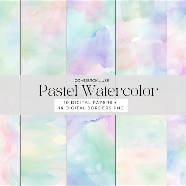 Pastel Watercolor Digital Papers - PNGs Digital Borders and Papers, Color Background Water Textures, Commercial Use, Pastel Background