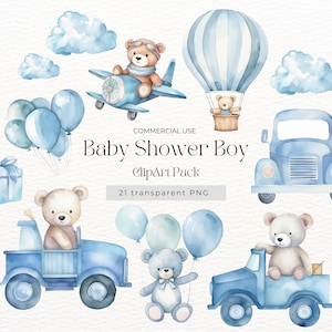 Baby Shower Boy Watercolor Clipart Bundle - Cute Teddy Bear Printable, PNGs with Transparent Background, Commercial Use, 1st Birthday Boy