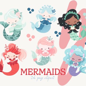 Meerjungfrau Clipart für Party-Einladungen, Illustrationen für Kinderbuch über Sirenen und Meeresabenteuer, Meereskreaturen Grafiken für Kinderzimmerdekor