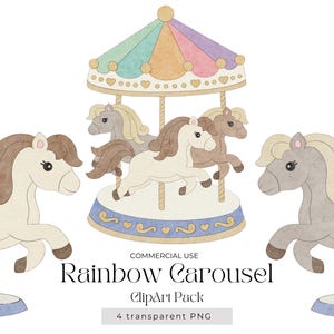 Carousel Horse Clipart - Rainbow Baby Shower, Gender Reveal, 1st Birthday Party Decorations, Printable Carousel Theme Graphics, Digital