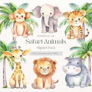 Safari Animals Clipart Watercolor - PNGs with Transparent background, Safari Theme Birthday Clipart, Jungle Nursery Decor, Commercial Use