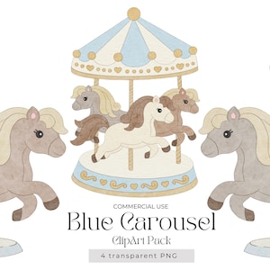 Carousel Horse Clipart - Blue Boy Baby Shower, 1st Birthday Party Decorations, Printable Carousel Theme Graphics, Digital Download