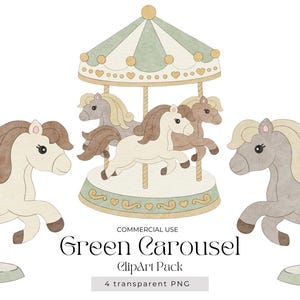 Carousel Horse Clipart - Green Baby Shower, 1st Birthday Party Decorations, Printable Carousel Theme Graphics, Digital Download