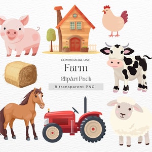 Clipart de fazenda fofa - decoração de animais de fazenda, tema de aniversário de fazenda, decoração de berçário de fazenda, 8 PNG com fundo transparente, uso comercial