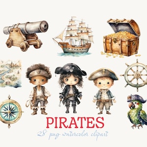 Watercolor Pirates ClipArt Bundle - 28 PNGs : 24 Transparent Background and 4 Digital Paper, Perfect for Pirate Party, instant download