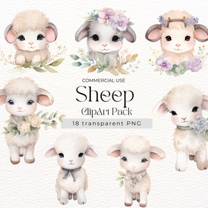 Clipart acquerello di pecora per l'arredamento della scuola materna, illustrazioni stampabili della fattoria degli animali per Scrapbooking, grafica di agnello carino per bambini, disegni di pecore