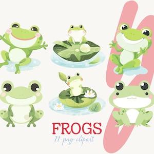 工作プロジェクト用のカエルのクリップアートPNG、カエルパーティー招待状のイラスト、子供向けの生物学または科学アクティビティ用のグラフィック要素