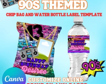 90s Chip Bag Template | Purple & Pink 13th Birthday | Editable Canva Chip Bag | Colorful 90s Party Favor | Digital Download