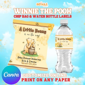 Winnie the Pooh Baby Shower Chip Bag & Water Bottle Label Set  Editable Canva Template DIY Digital Download Gender Neutral Baby Shower Decor
