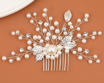Wedding Hair Piece, Pearl Bridal Hair Comb, Silver Leaf Hair Pins, Crystal Bride Hair Pins, Hair Accessory, Bridesmaid Hair Jewellery
