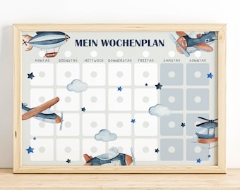 Kinder Wochenplaner PDF PNG zum Ausdrucken, Personalisierbar Kinderkalender Montessori, wöchentliche Aktivitäten Download - Flugzeug