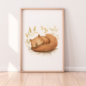 Kinderzimmer Poster Schlafendes Eichhörnchen A1/A2/A3/A4 Wandkunst Kinderposter Baby Geschenk Mädchen Junge Kinder Tierposter