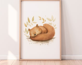 Kinderzimmer Poster Schlafendes Eichhörnchen A1/A2/A3/A4 Wandkunst Kinderposter Baby Geschenk Mädchen Junge Kinder Tierposter