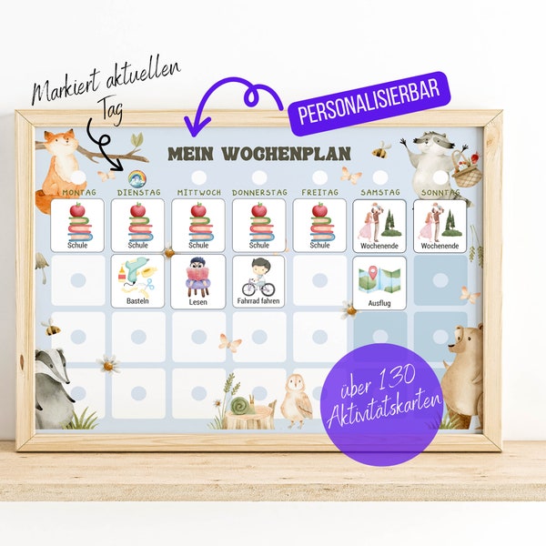 Kinder Wochenplan PDF zum Sofort-Download, Montessori Kinderkalender zum Ausdrucken, Tagesablauf, Schulvorbereitung - Motiv Waldtiere