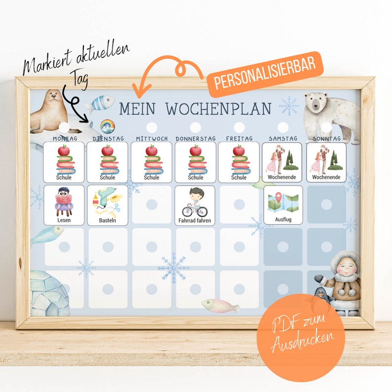 Kinder Wochenplaner PDF zum Ausdrucken, Personalisierbarer Kinderkalender Montessori, wöchentliche Aktivitäten, Download Nordpol image 1