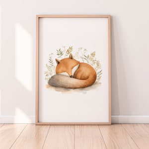 Póster Kinderzimmer Schlafender Fuchs A1/A2/A3/A4 Wandkunst Kinderposter Baby Geschenk Mädchen Junge Kinder Tierposter