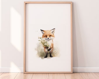 Illustrazione di una volpe con fiori, poster di animali per la cameretta dei bambini.