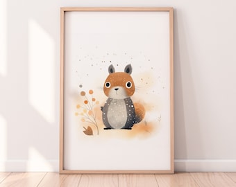 Kinderzimmer Poster Eichhörnchen Waldtiere Bilder Mädchen Jungen Kinderbild Wandbild A1/A2/A3/A4