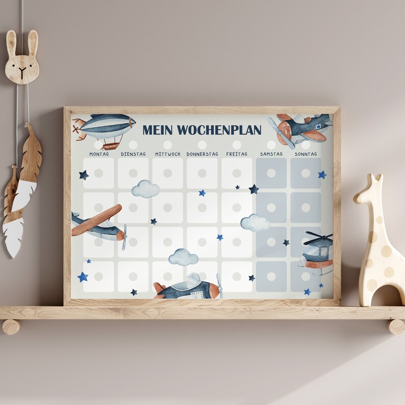 Op de afbeelding: Een witte en blauwe weekplanner met de titel "Mein Wochenplan" in zwarte tekst. De planner heeft een raster van 35 cirkels met blauwe sterren, wolken en vliegtuigen. De dagen van de week zijn in het Duits gelabeld: Montag, Dienstag, Mittwoch, Donnerstag, Freitag, Samstag, Sonntag.